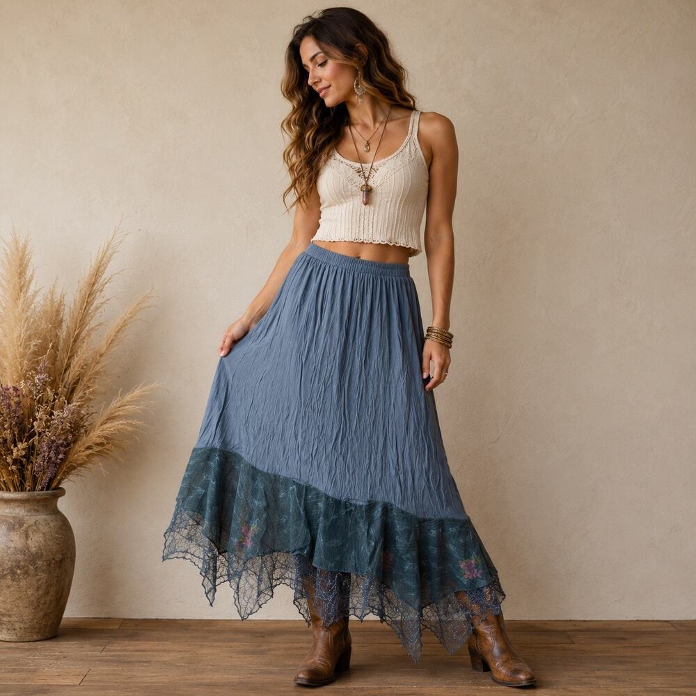 Vintage 90s Blue Sheer Lace Handkerchief Hem Midi Skirt Sz M